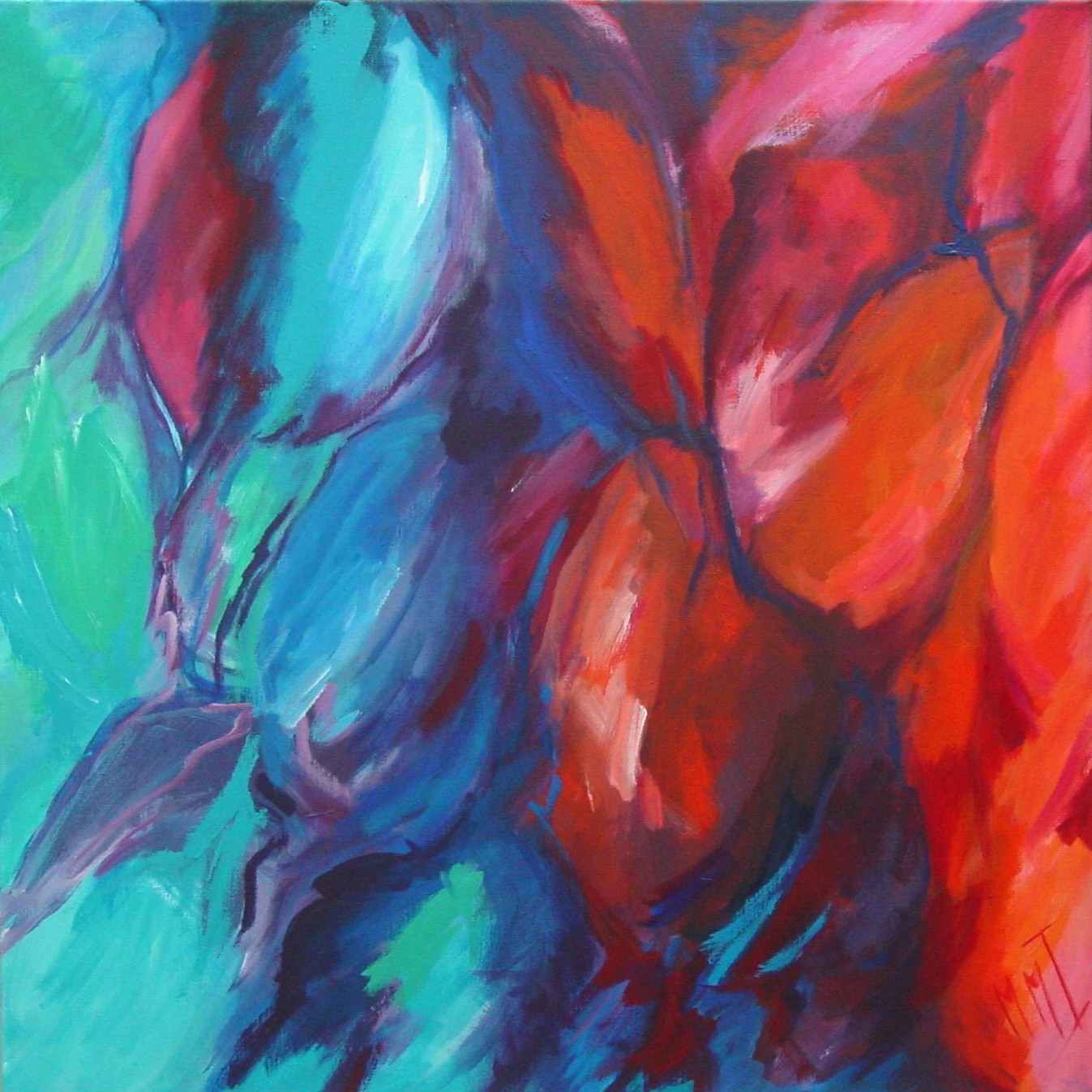 Dialoog in rood en blauw, acryl op linnen, 90 x 90 cm, 2008 (verkocht)