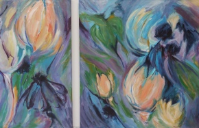 Flora I, acryl 2-luik op linnen, 65 x 100 en 100 x 100 cm, 2002