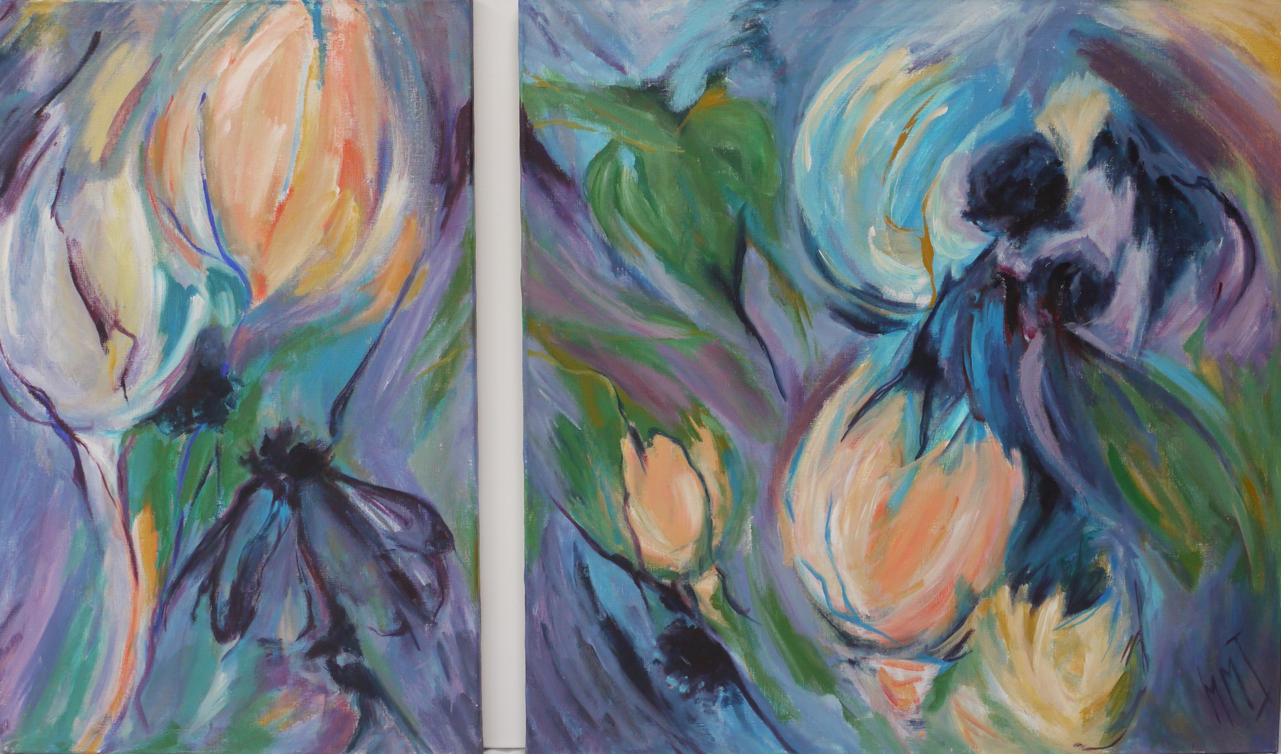 Flora I, acryl 2-luik op linnen, 65 x 100 en 100 x 100 cm, 2002