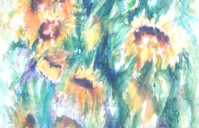 Zonnebloemen, aquarel op handgeschept papier, 51 x 66 cm, 2000