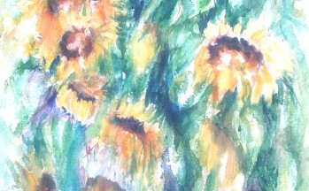 Zonnebloemen, aquarel op handgeschept papier, 51 x 66 cm, 2000